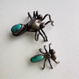 Vintage pair sterling silver Turquoise Bugs Spiders insects pin brooches